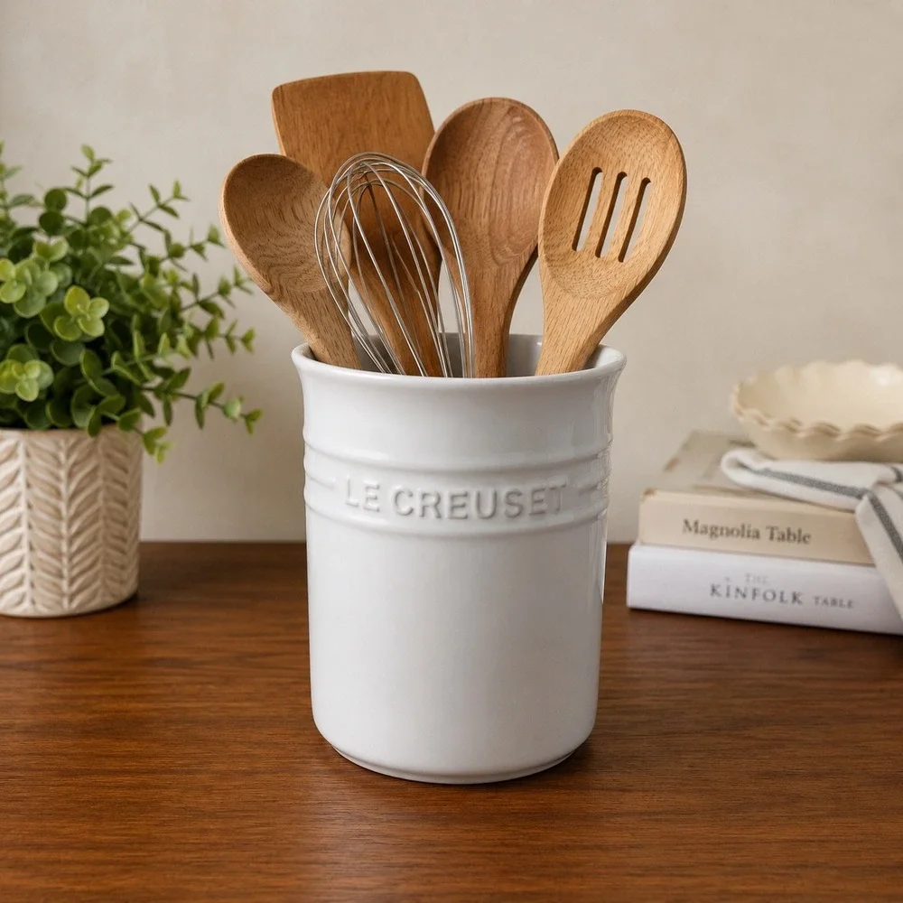 Le Creuset White Stoneware Crock 1 Quart Kitchen Tool Jar 6.25 Inch Cottagecore